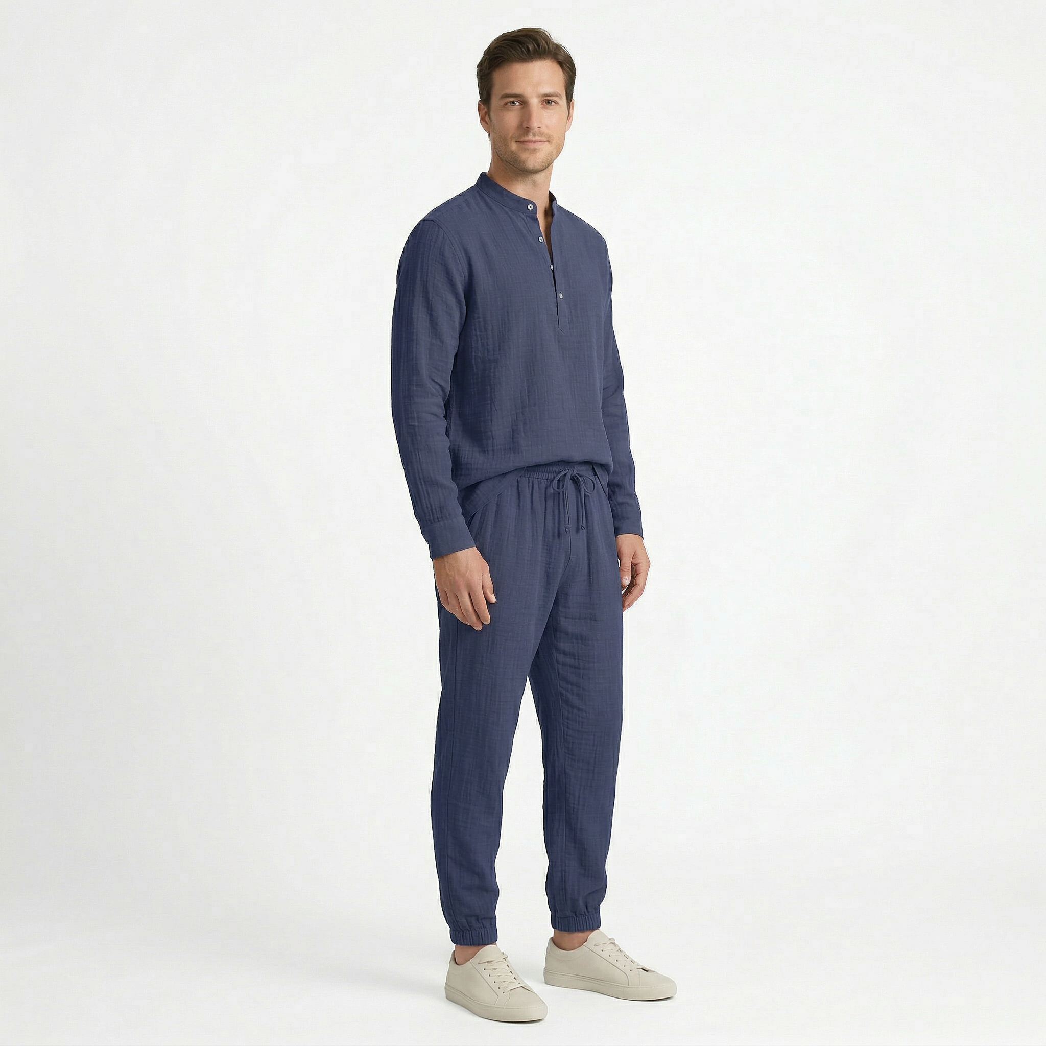 Birchbourne - Men’s Linen Stand Collar Half Button Top and Drawstring Pants Set