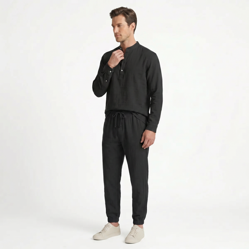 Birchbourne - Men’s Summer Linen Stand Collar Half Button Top and Drawstring Pants Set