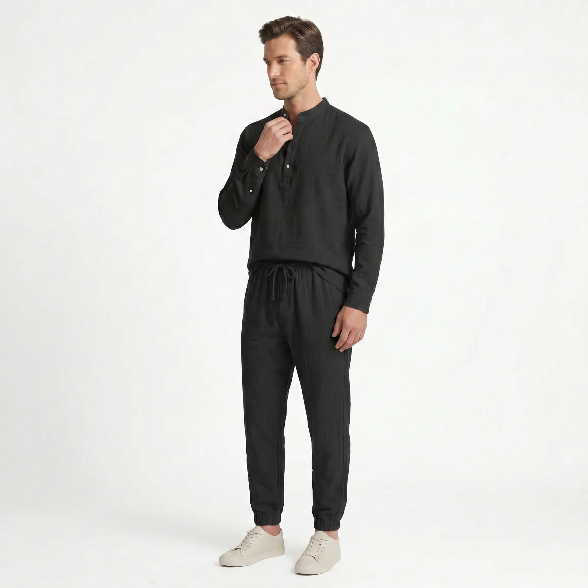 Birchbourne - Men’s Summer Linen Stand Collar Half Button Top and Drawstring Pants Set