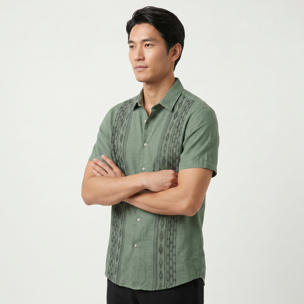 Men's Green Embroidered Shirt - Short Sleeve Aztec Print Button Up Summer Shirt