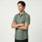 Men's Green Embroidered Shirt - Short Sleeve Aztec Print Button Up Summer Shirt