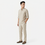 Men's Linen Henley Shirt - Grandad Collar Roll Up Sleeve Casual Summer Shirt
