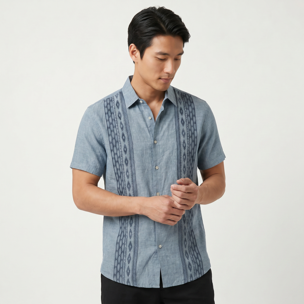 Men's Green Embroidered Shirt - Short Sleeve Aztec Print Button Up Summer Shirt
