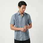 Men's Green Embroidered Shirt - Short Sleeve Aztec Print Button Up Summer Shirt