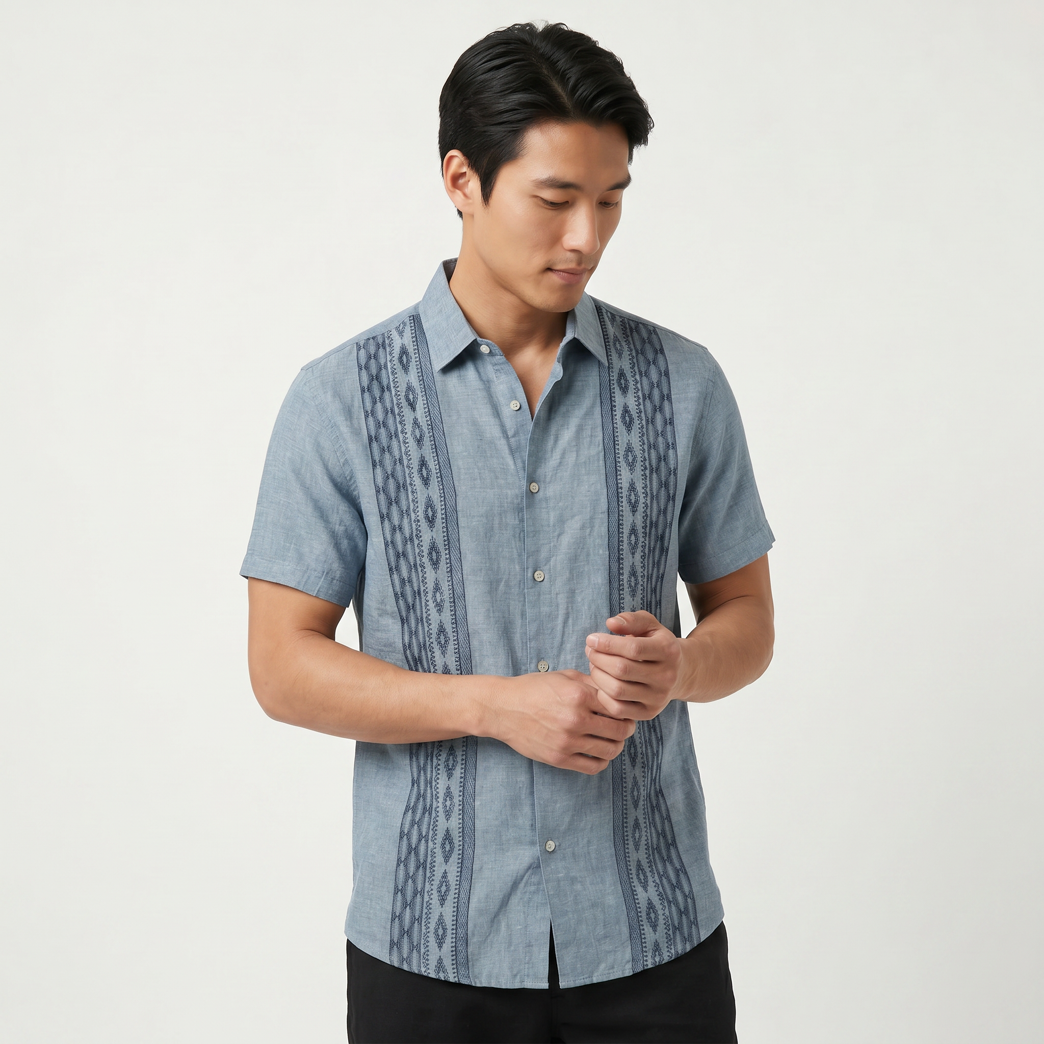 Men's Green Embroidered Shirt - Short Sleeve Aztec Print Button Up Summer Shirt
