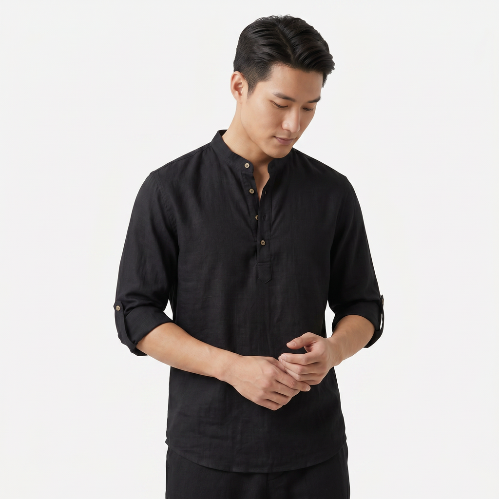 Men's Linen Henley Shirt - Grandad Collar Roll Up Sleeve Casual Summer Shirt
