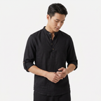 Men's Linen Henley Shirt - Grandad Collar Roll Up Sleeve Casual Summer Shirt