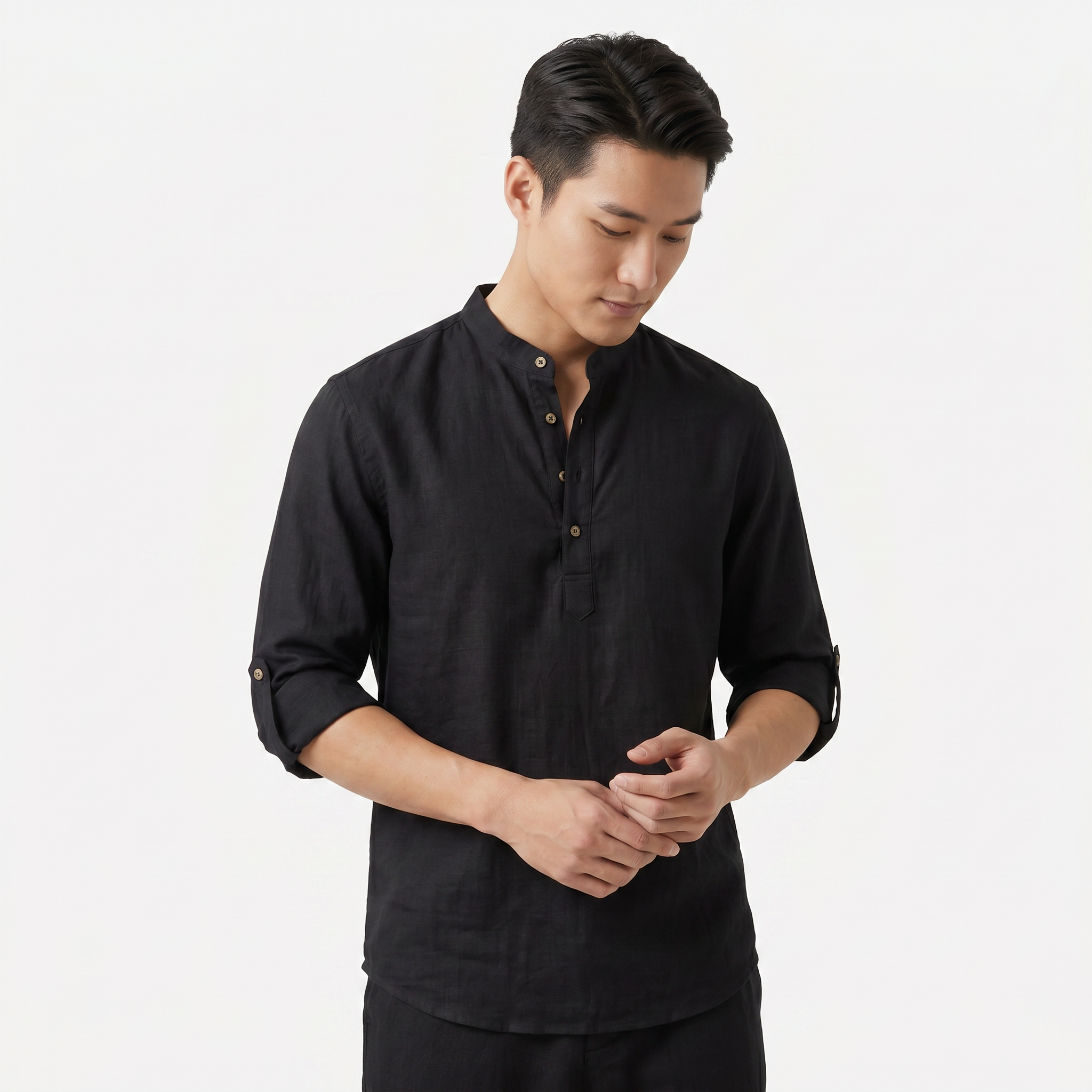 Men's Linen Henley Shirt - Grandad Collar Roll Up Sleeve Casual Summer Shirt