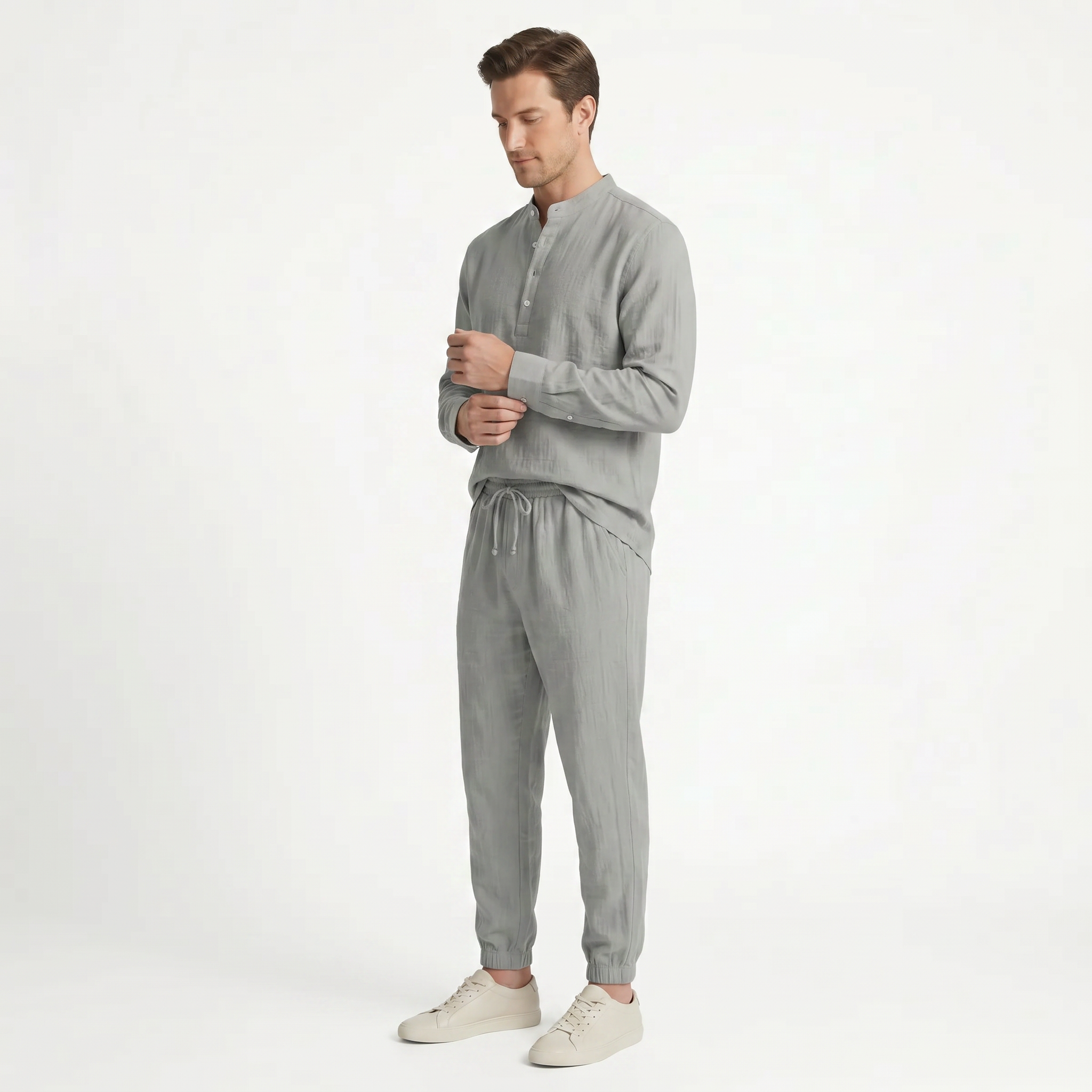 Birchbourne - Men’s Summer Linen Stand Collar Half Button Top and Drawstring Pants Set
