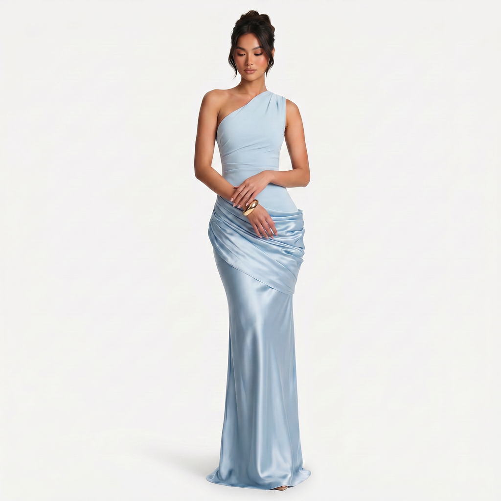 Women's One Shoulder Draped Satin Maxi Dress