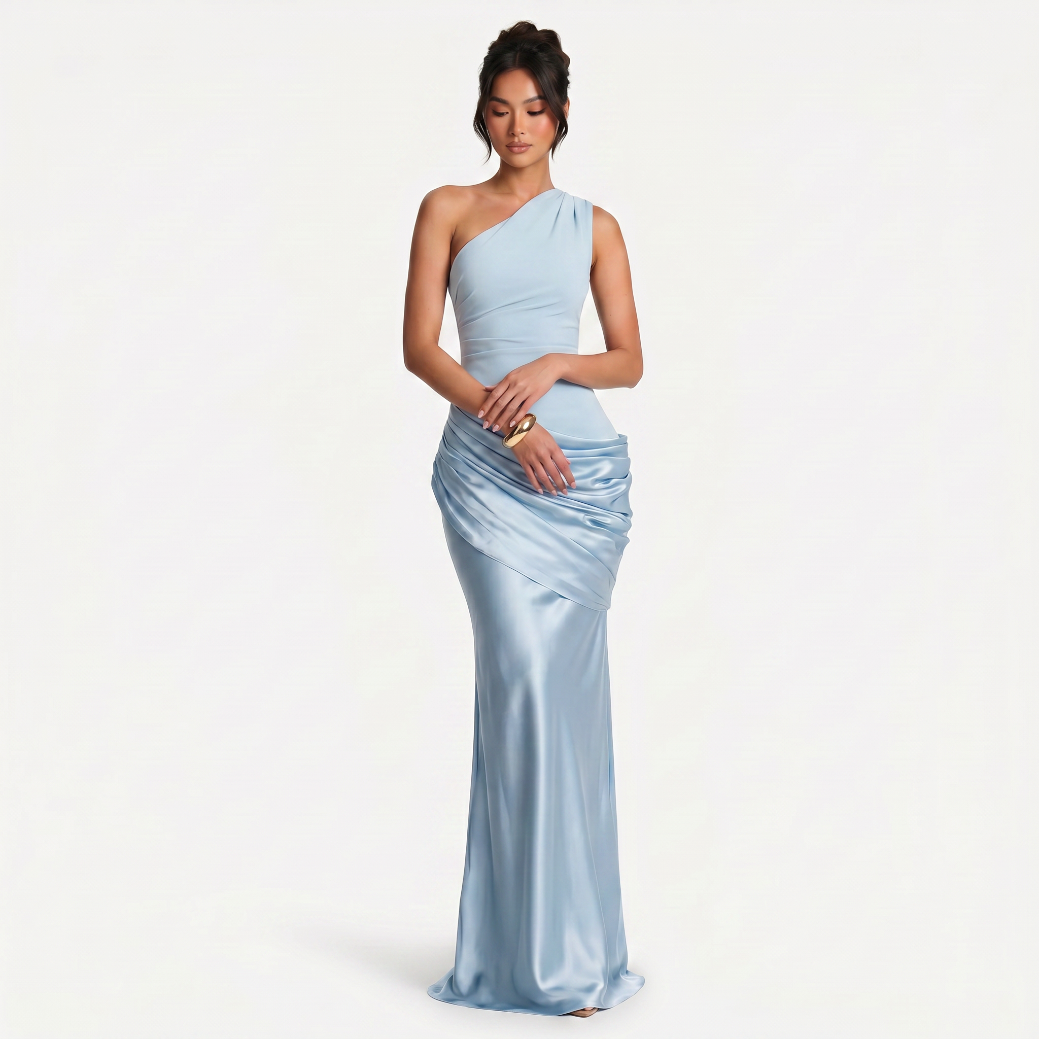 Women's One Shoulder Draped Satin Maxi Dress