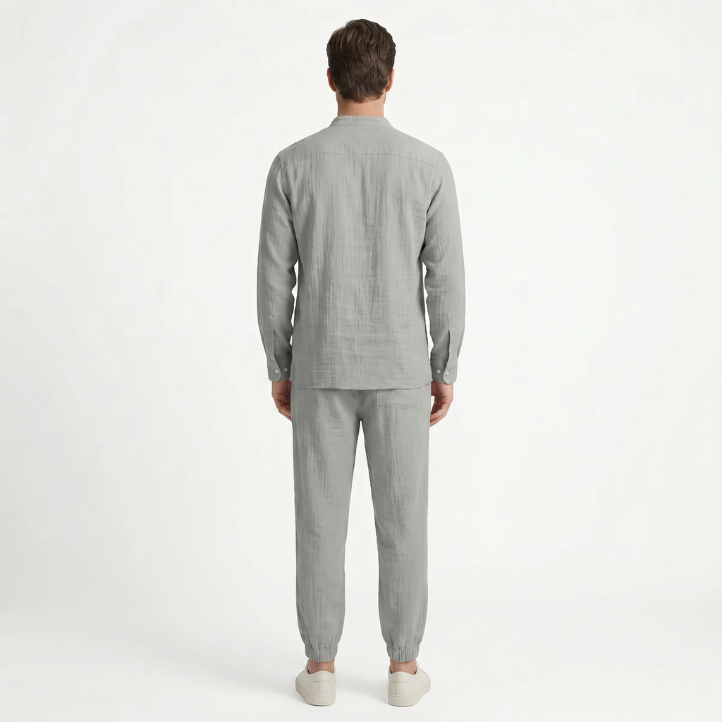 Birchbourne - Men’s Summer Linen Stand Collar Half Button Top and Drawstring Pants Set