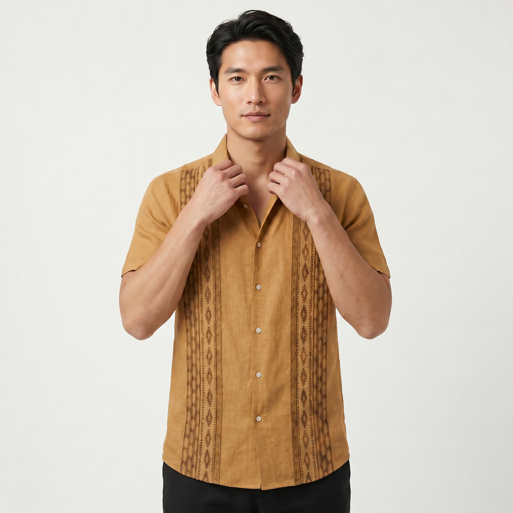 Men's Green Embroidered Shirt - Short Sleeve Aztec Print Button Up Summer Shirt