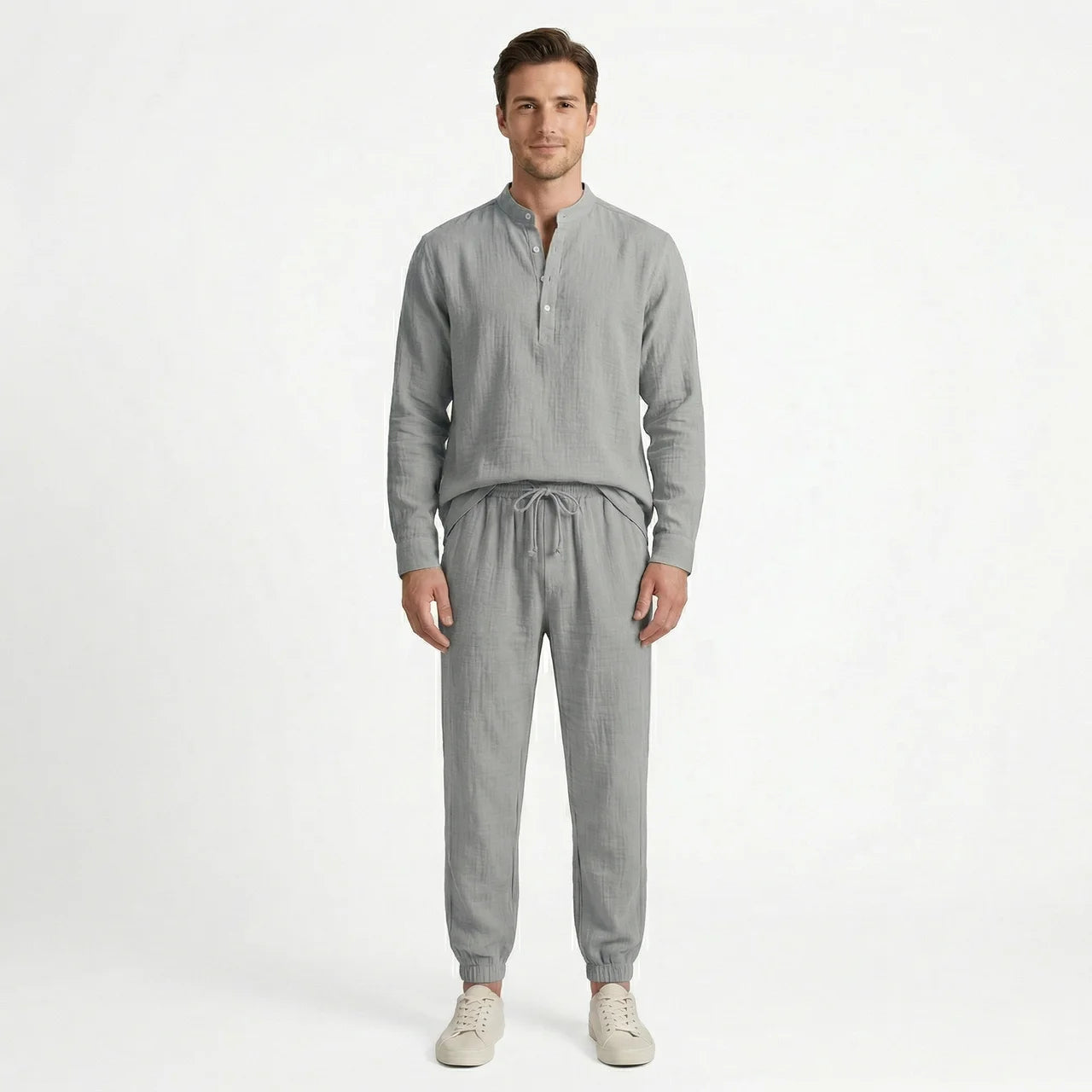 Birchbourne - Men’s Linen Stand Collar Half Button Top and Drawstring Pants Set