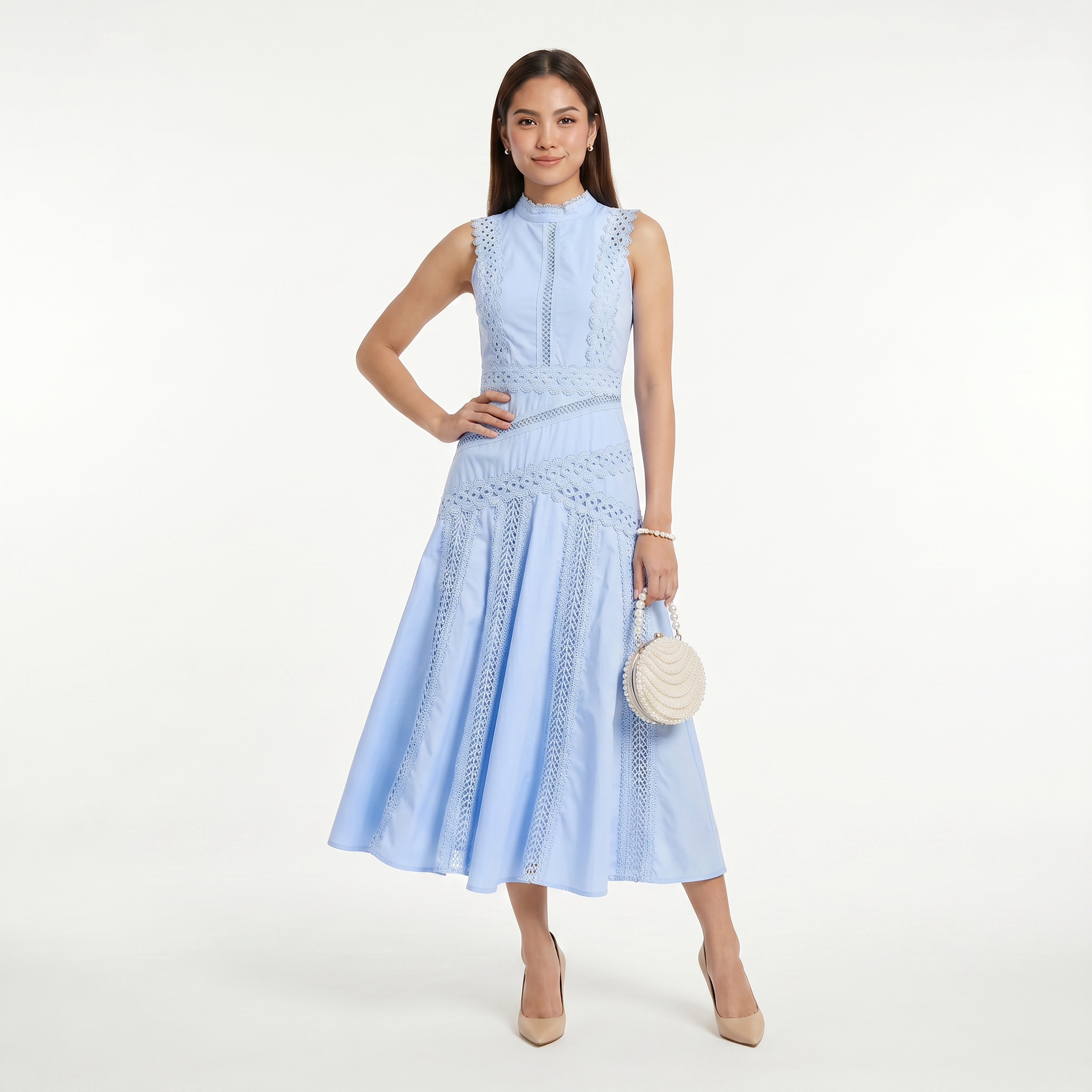 Women's Sleeveless Lace Panel Midi Dress