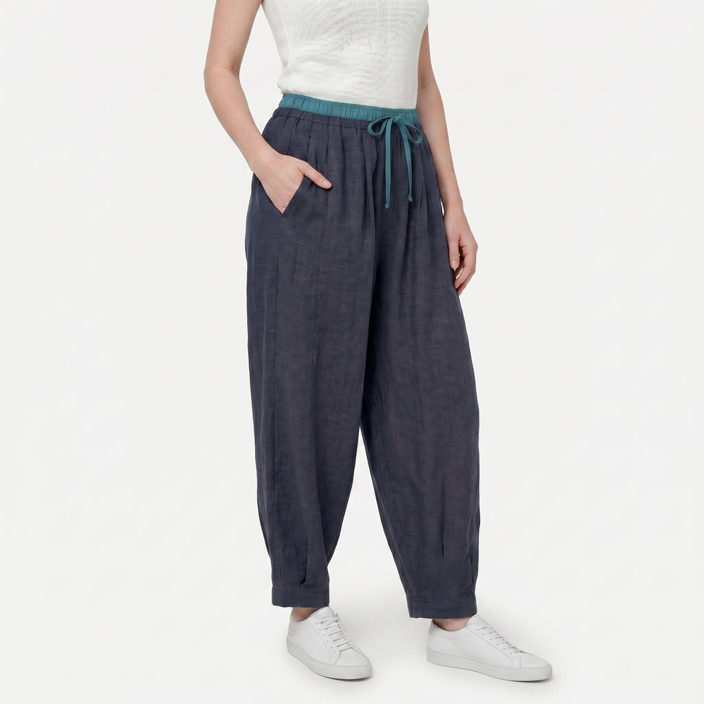 Women's Linen Drawstring Waist Wide Leg Trousers