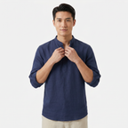 Men's Linen Henley Shirt - Grandad Collar Roll Up Sleeve Casual Summer Shirt
