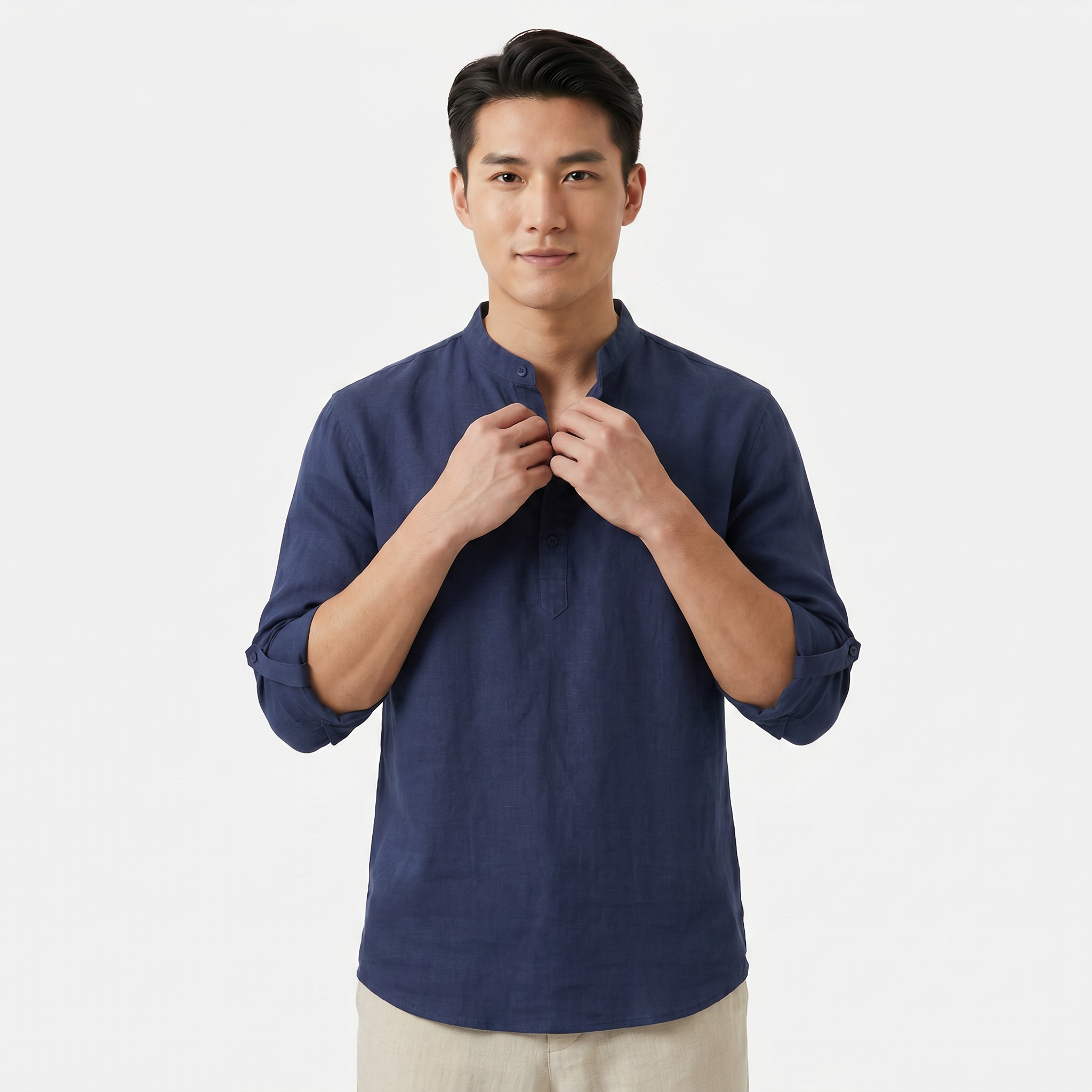 Men's Linen Henley Shirt - Grandad Collar Roll Up Sleeve Casual Summer Shirt