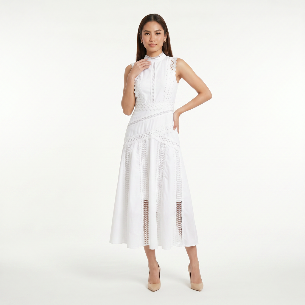 Women's Sleeveless Lace Panel Midi Dress