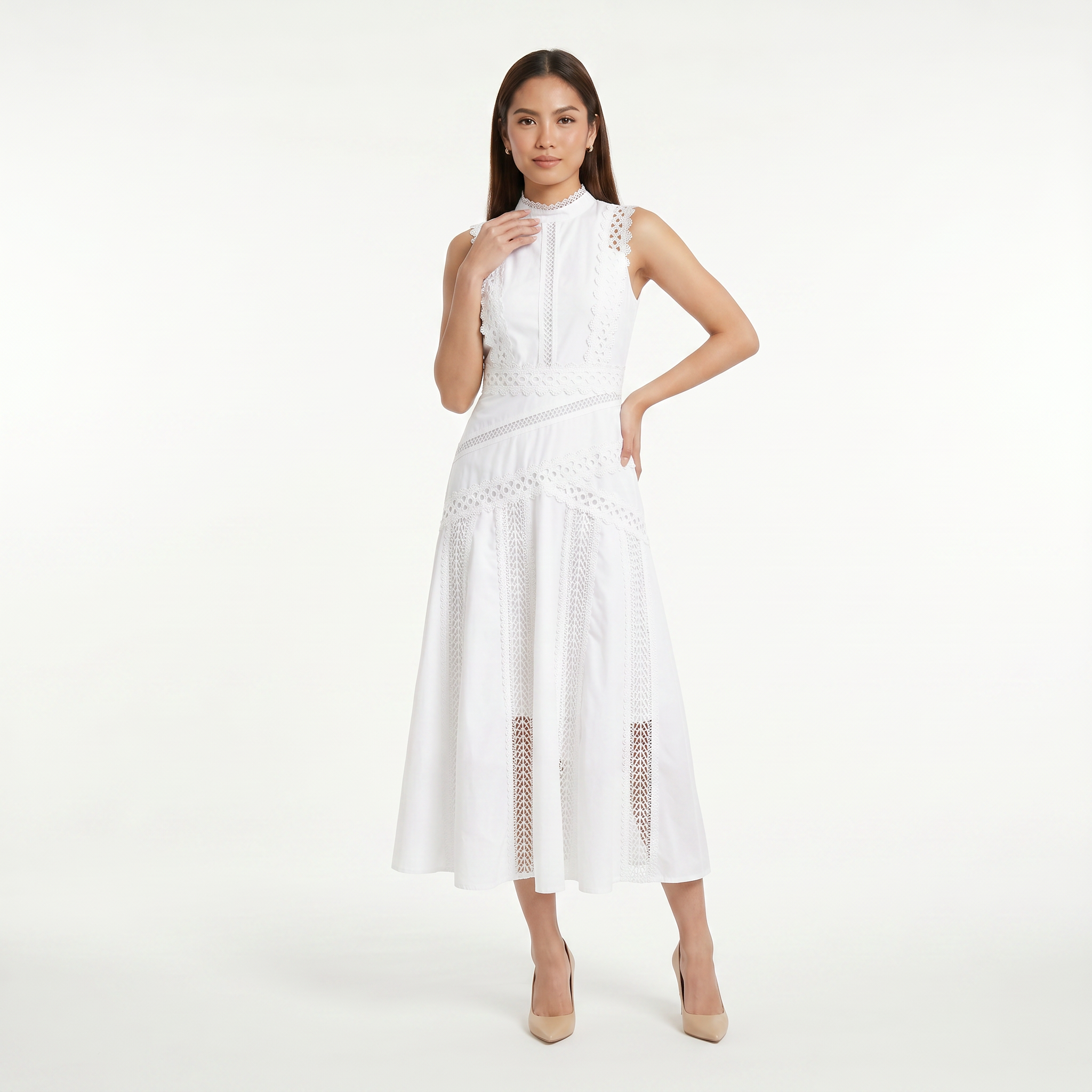 Women's Sleeveless Lace Panel Midi Dress