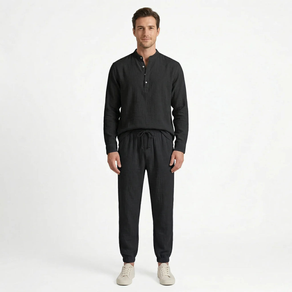 Birchbourne - Men’s Linen Stand Collar Half Button Top and Drawstring Pants Set