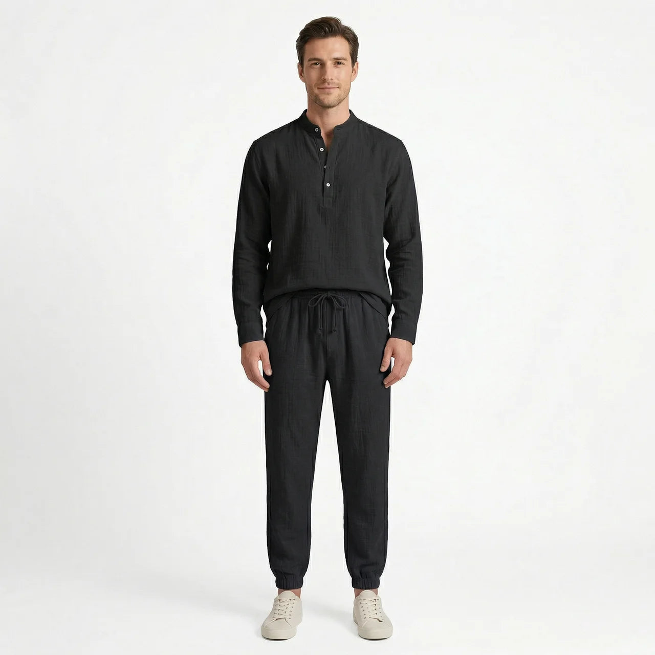 Birchbourne - Men’s Linen Stand Collar Half Button Top and Drawstring Pants Set