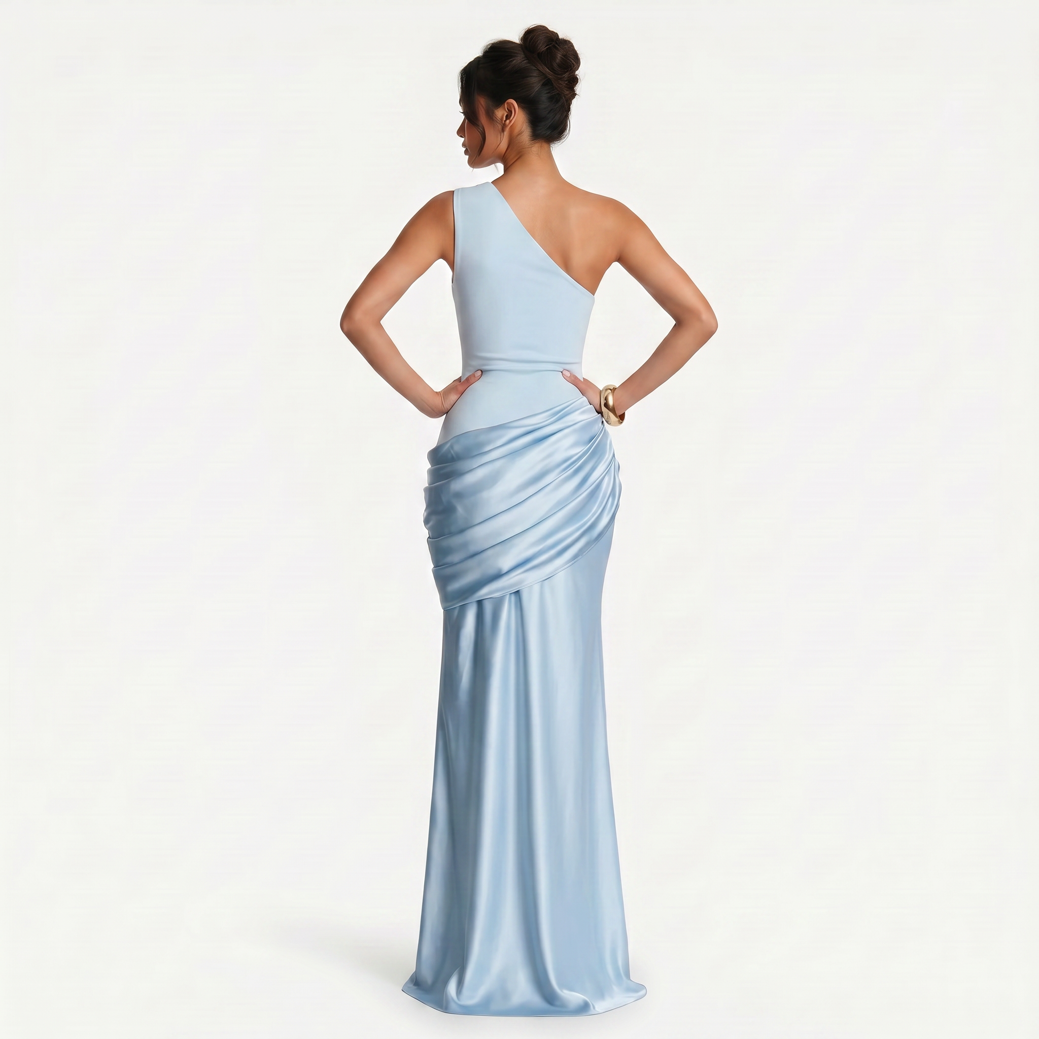 Women's One Shoulder Draped Satin Maxi Dress