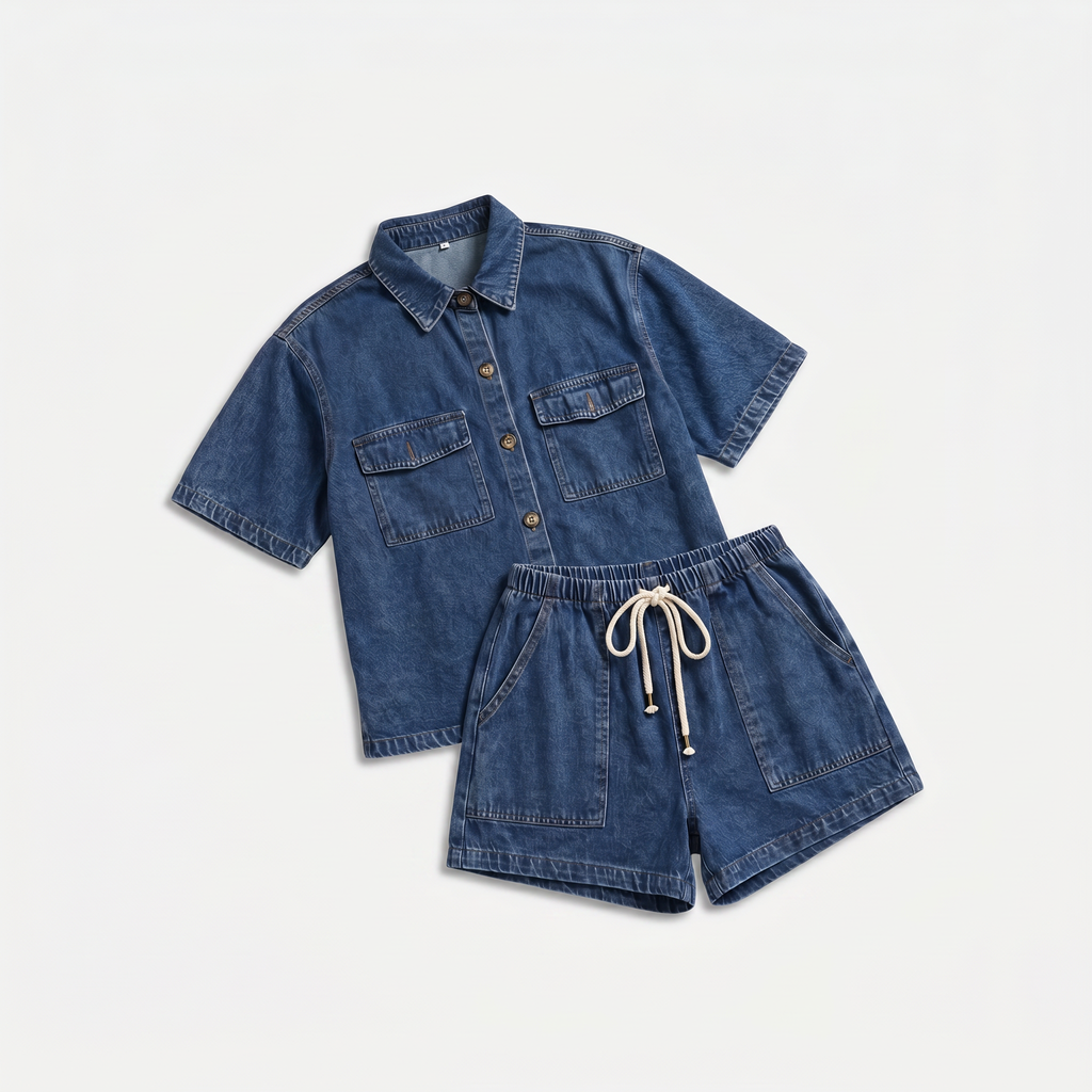 Women's Denim Short Sleeve Shirt and Shorts Two Piece Set