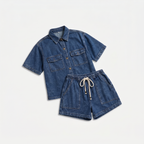 Women's Denim Short Sleeve Shirt and Shorts Two Piece Set