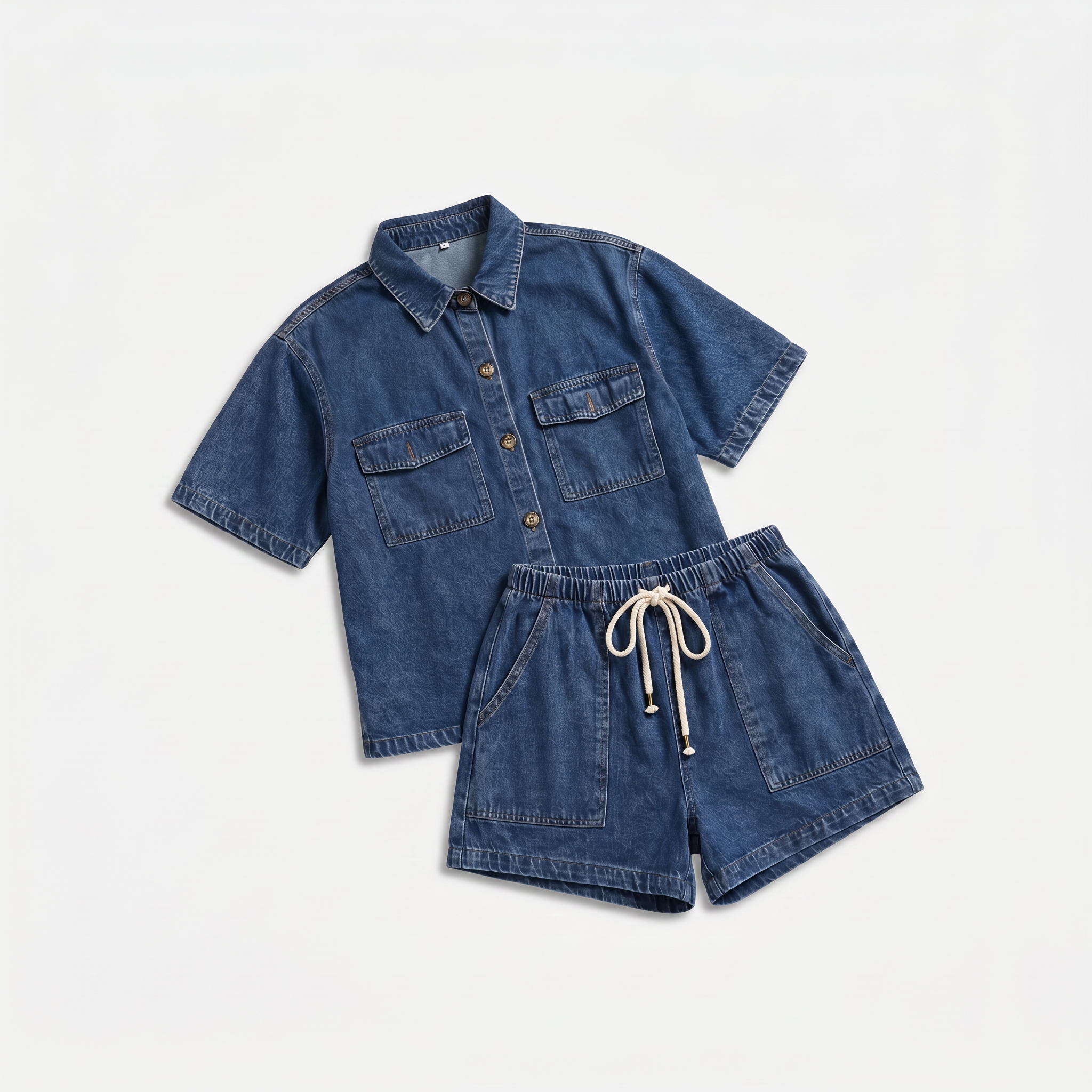 Women's Denim Short Sleeve Shirt and Shorts Two Piece Set