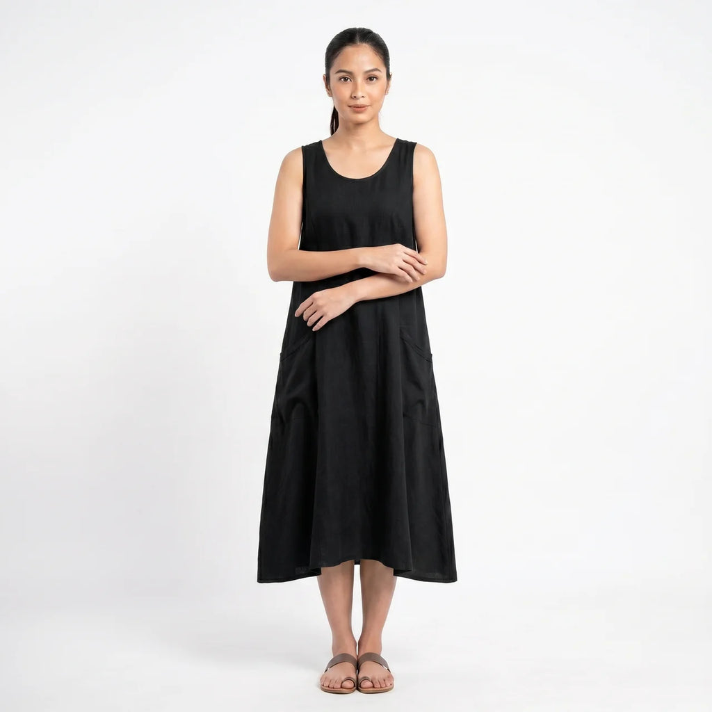 Women's Sleeveless A-Line Midi Dress with Pockets