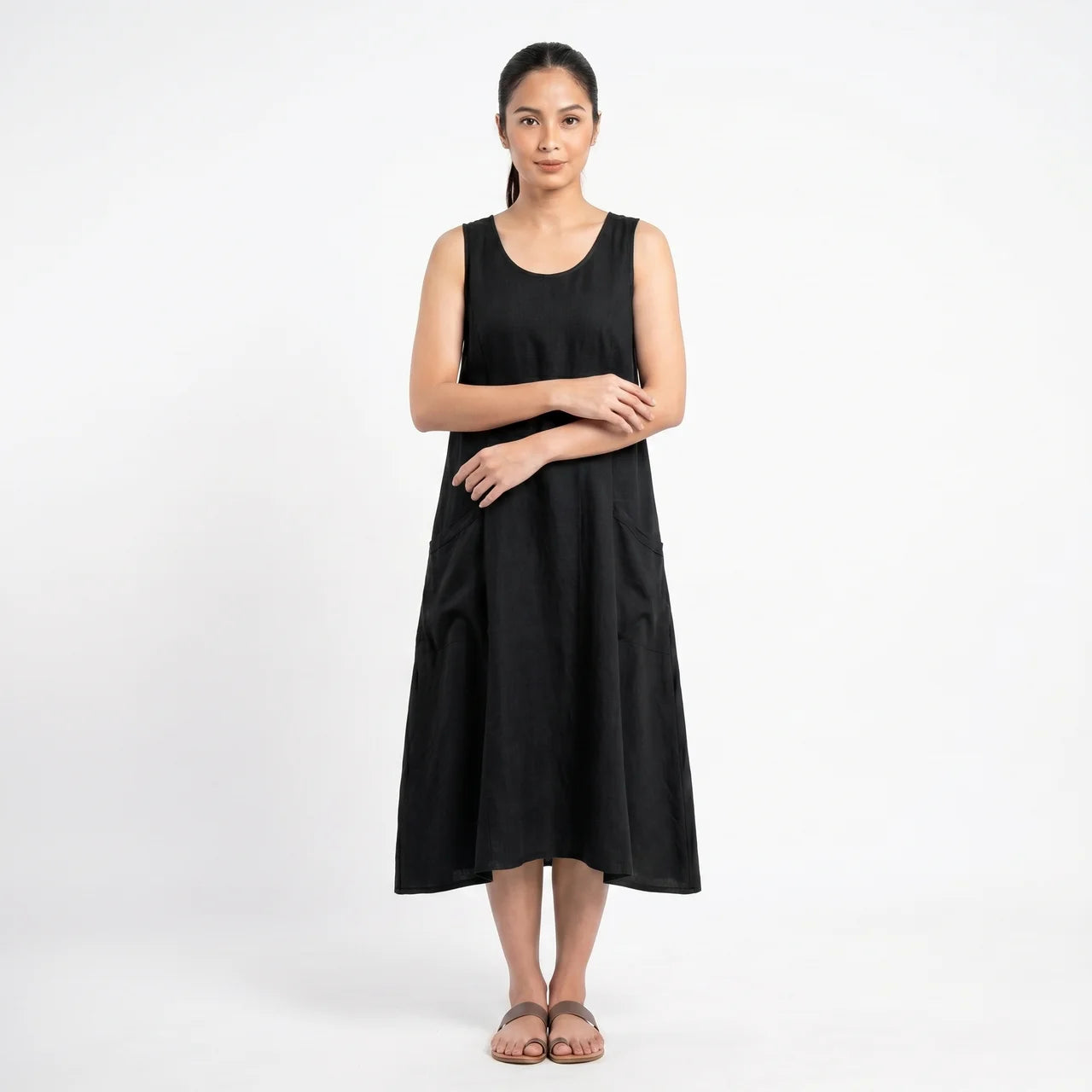 Women's Sleeveless A-Line Midi Dress with Pockets