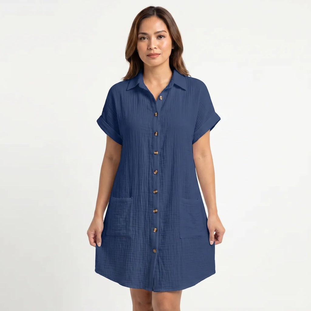 Women's Cotton Gauze Button Down Shirt Midi Dress