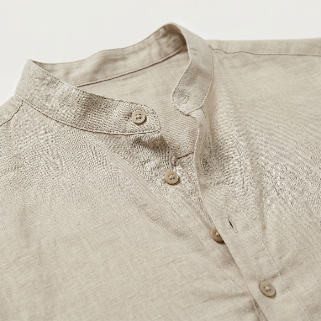 Men's Linen Henley Shirt - Grandad Collar Roll Up Sleeve Casual Summer Shirt