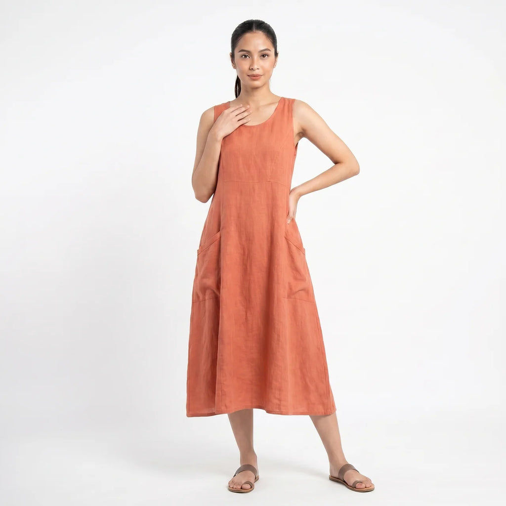 Women's Sleeveless A-Line Midi Dress with Pockets