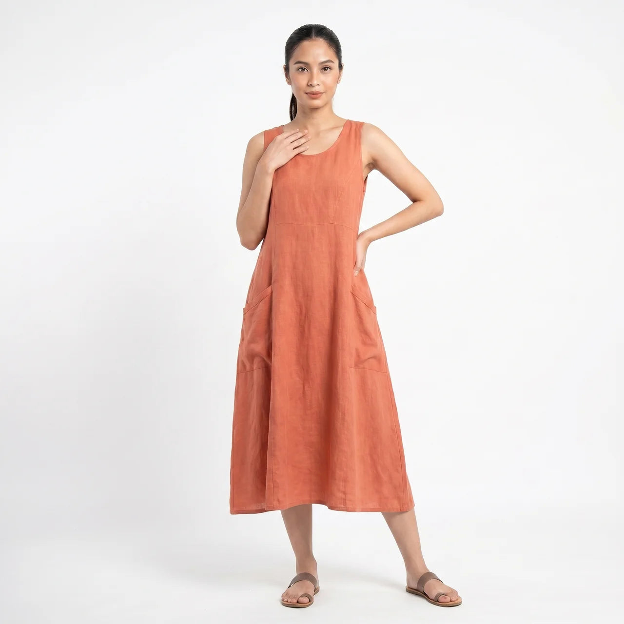 Women's Sleeveless A-Line Midi Dress with Pockets