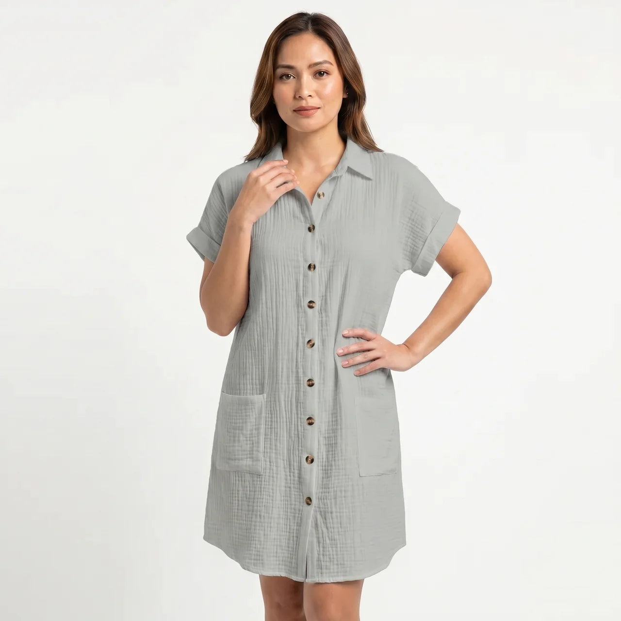 Women's Cotton Gauze Button Down Shirt Midi Dress