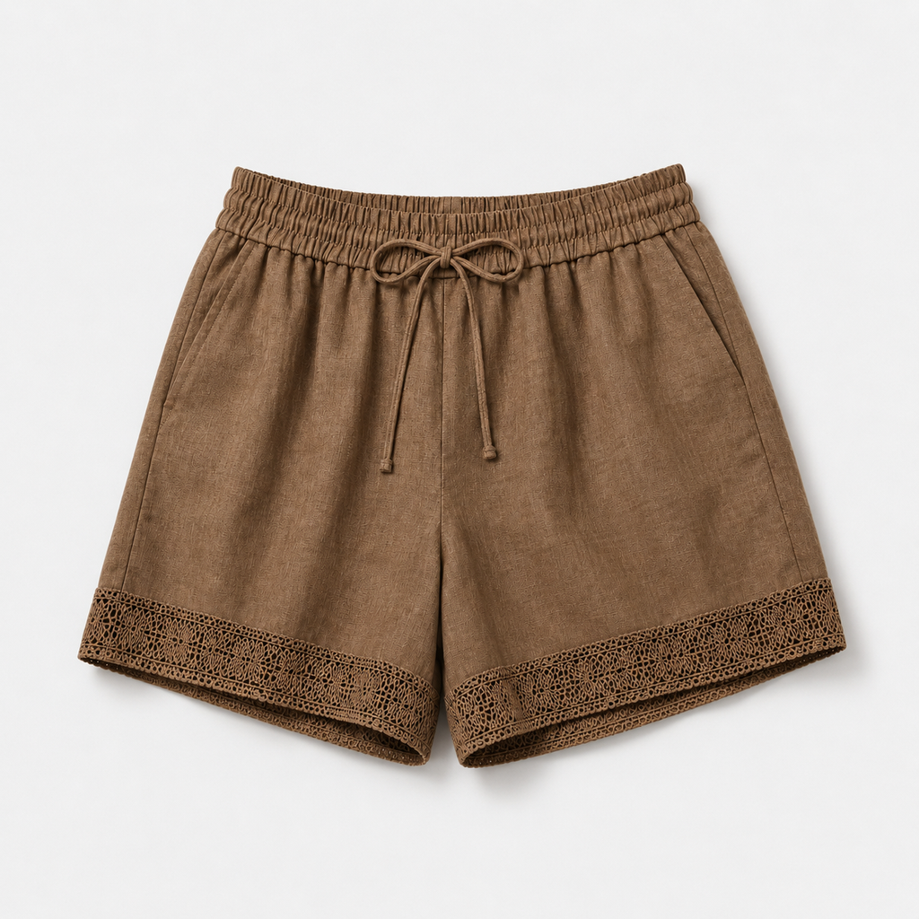 Women's Linen Lace Trim Drawstring Elastic Waist Shorts