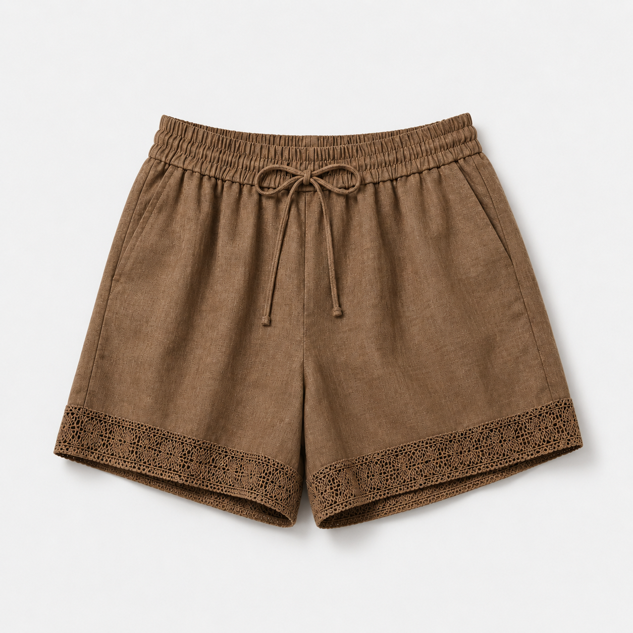 Women's Linen Lace Trim Drawstring Elastic Waist Shorts