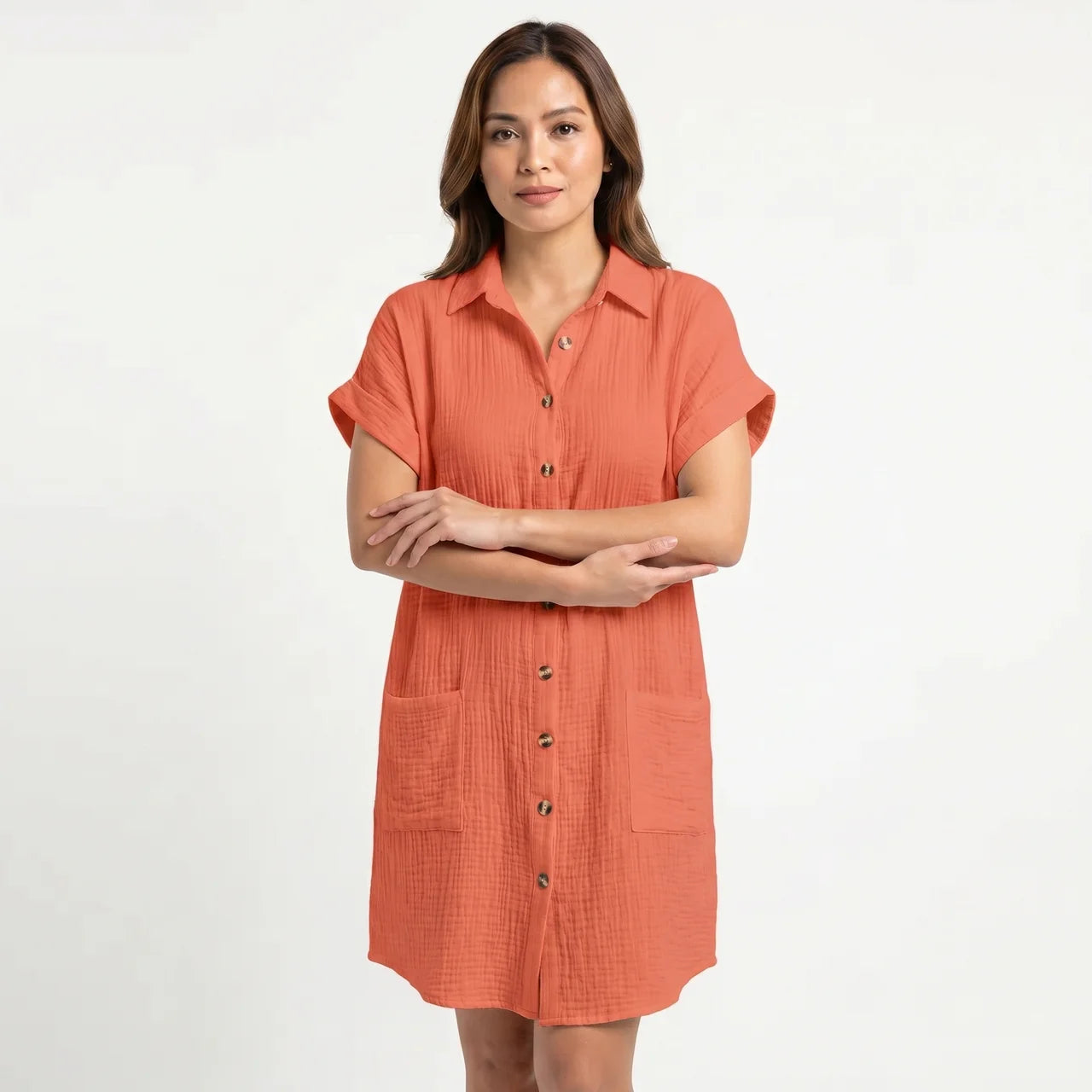 Women's Cotton Gauze Button Down Shirt Midi Dress