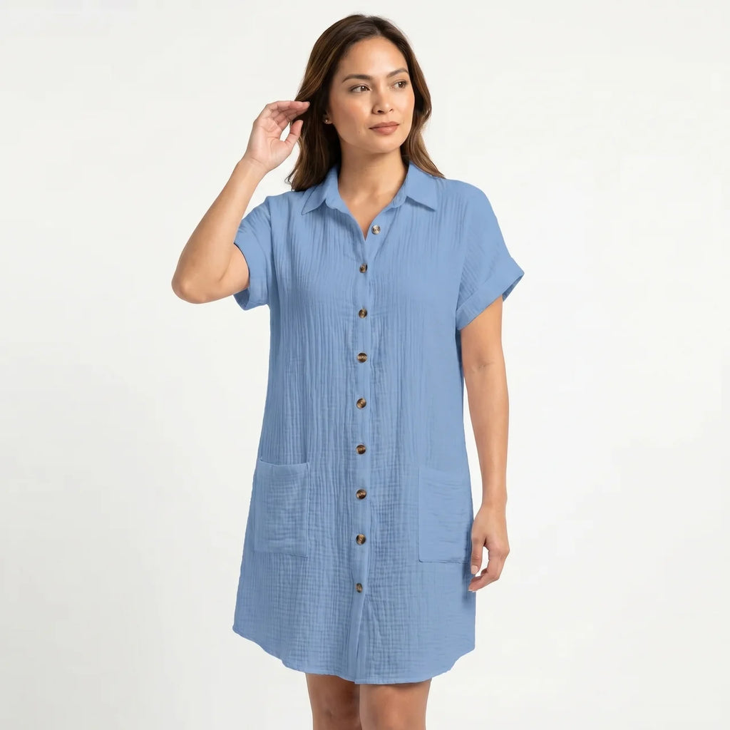 Women's Cotton Gauze Button Down Shirt Midi Dress