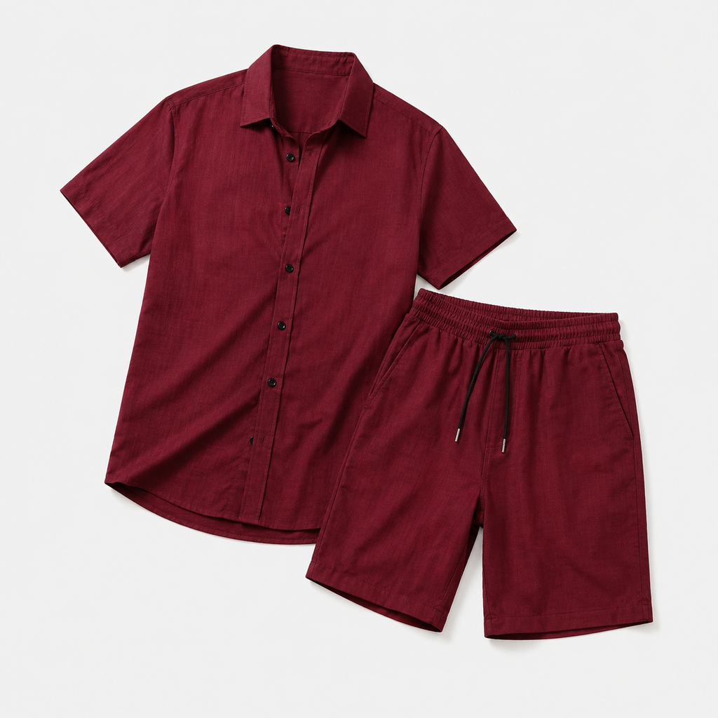 Men's Linen Buttoned Short Sleeve Shirt and Shorts Two Piece Set