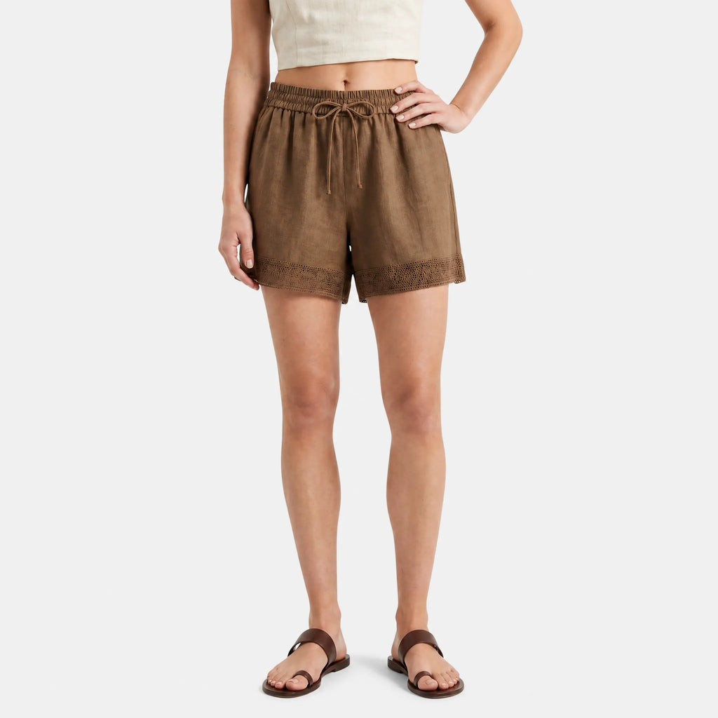 Women's Linen Lace Trim Drawstring Elastic Waist Shorts
