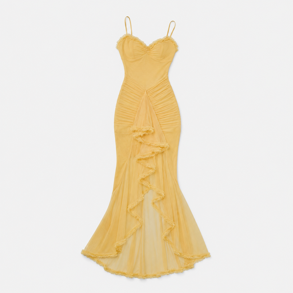 Women's Sweetheart Ruched Asymmetric Ruffle Maxi Dress