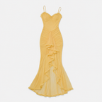 Women's Sweetheart Ruched Asymmetric Ruffle Maxi Dress
