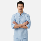 Men's Linen Henley Shirt - Grandad Collar Roll Up Sleeve Casual Summer Shirt
