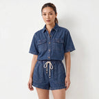 Women's Denim Short Sleeve Shirt and Shorts Two Piece Set