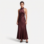 Women's Satin Halter Maxi Dress - Open Back Cowl Neck Formal Evening Gown