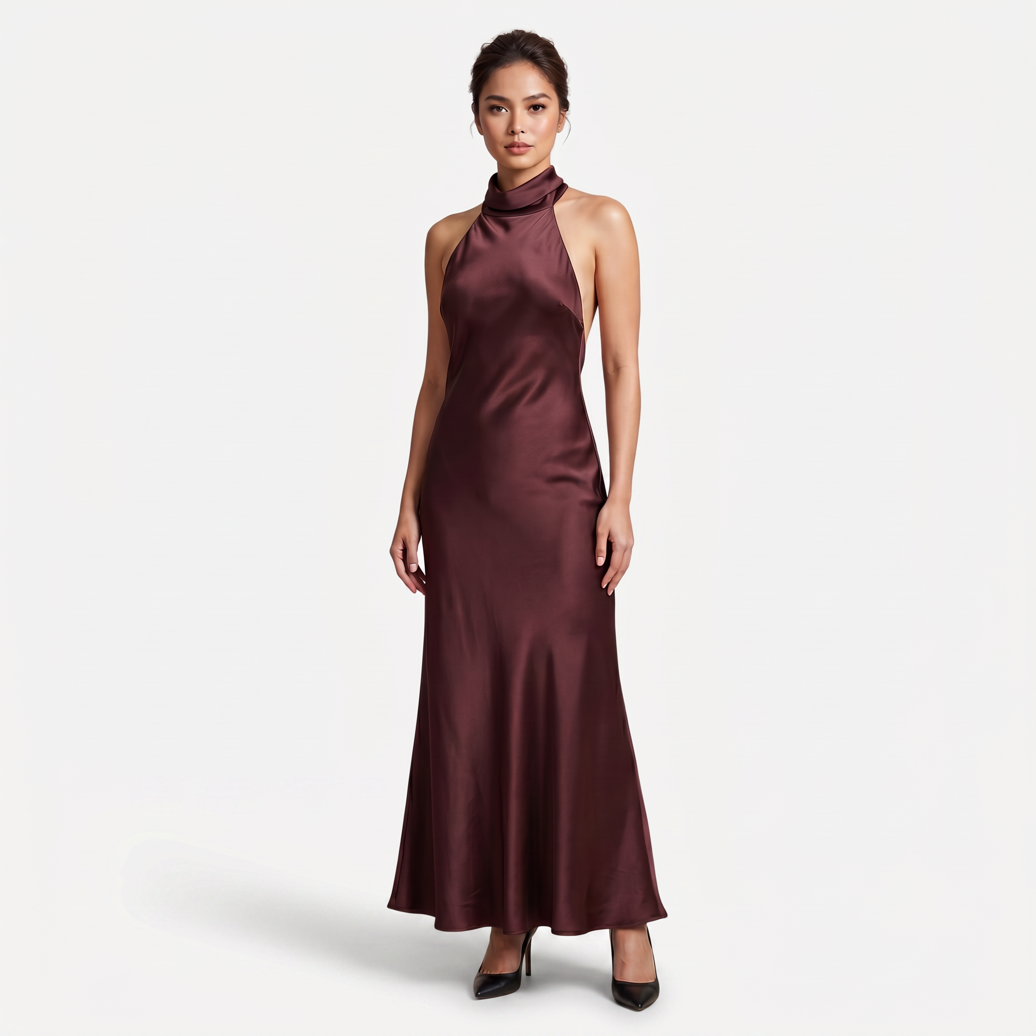 Women's Satin Halter Maxi Dress - Open Back Cowl Neck Formal Evening Gown