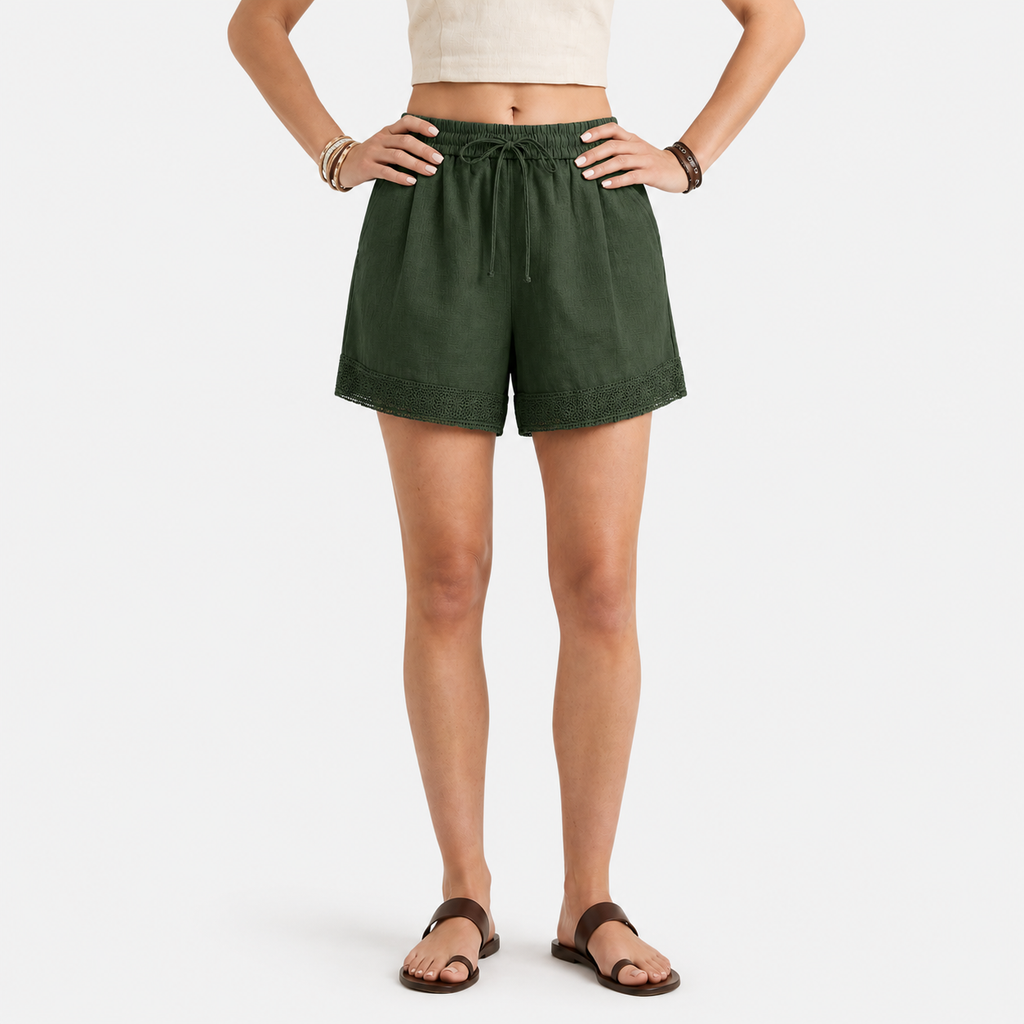 Women's Linen Lace Trim Drawstring Elastic Waist Shorts